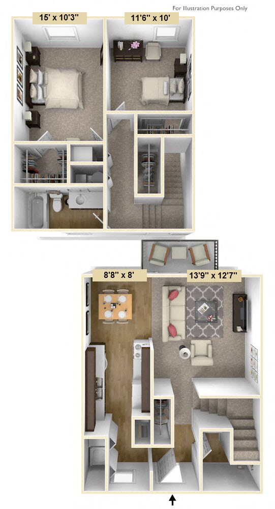 Floor plan for 2 beds, 1.5 baths, 1212 sqft